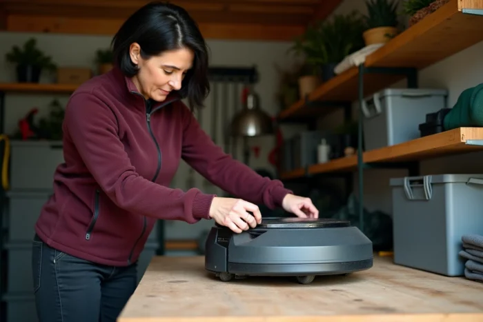 Femme retirant la batterie d'un robot tondeuse posé sur un établi en bois dans un garage rangé pour l'hivernage