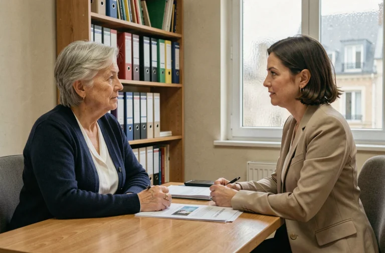 Une retraitée en rendez-vous avec une assistante sociale dans un bureau administratif en France
