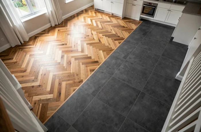 Sol mixte combinant parquet chêne en chevrons et carrelage ciment anthracite pour délimiter visuellement deux zones dans un espace ouvert
