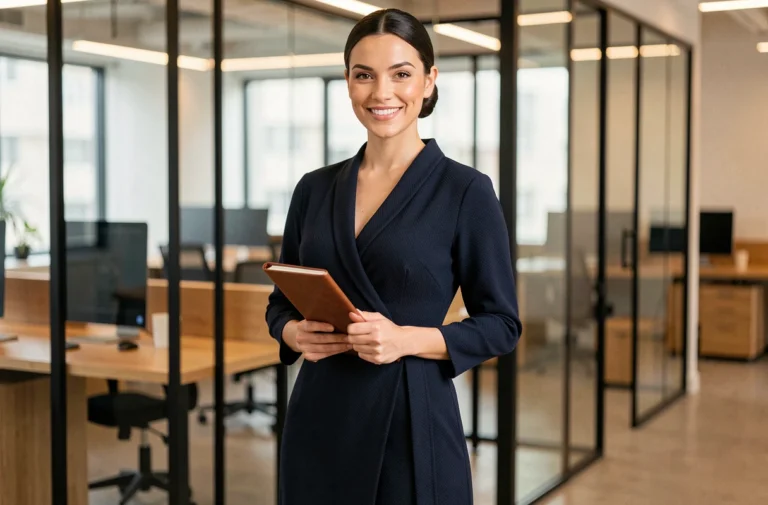 Femme professionnelle en robe portefeuille marine dans un bureau moderne, alliant style et élégance au travail