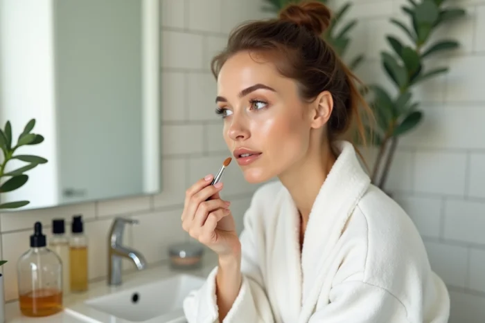 Femme appliquant un soin beauté devant un miroir dans une salle de bain minimaliste et élégante
