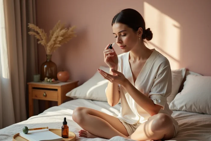 Jeune femme appliquant un sérum visage lors de sa routine soin beauté dans une chambre cosy