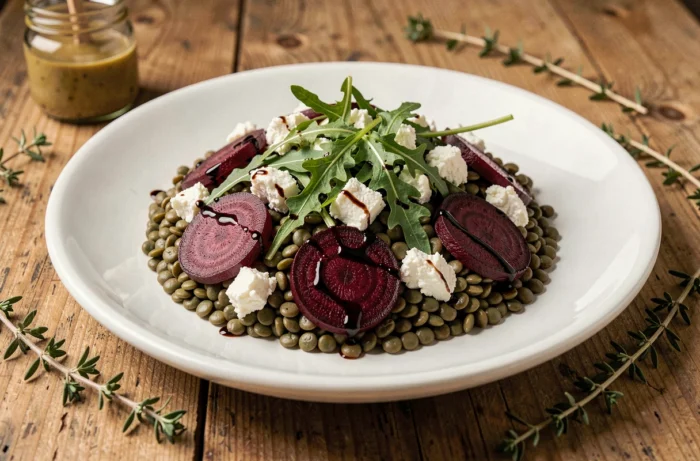 Warm salad of green lentils with roasted beetroot and crumbled fresh goat cheese