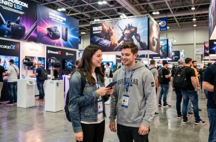 Deux visiteurs adultes découvrant les nouvelles technologies gaming et casques VR lors d'un salon ou expo jeu vidéo