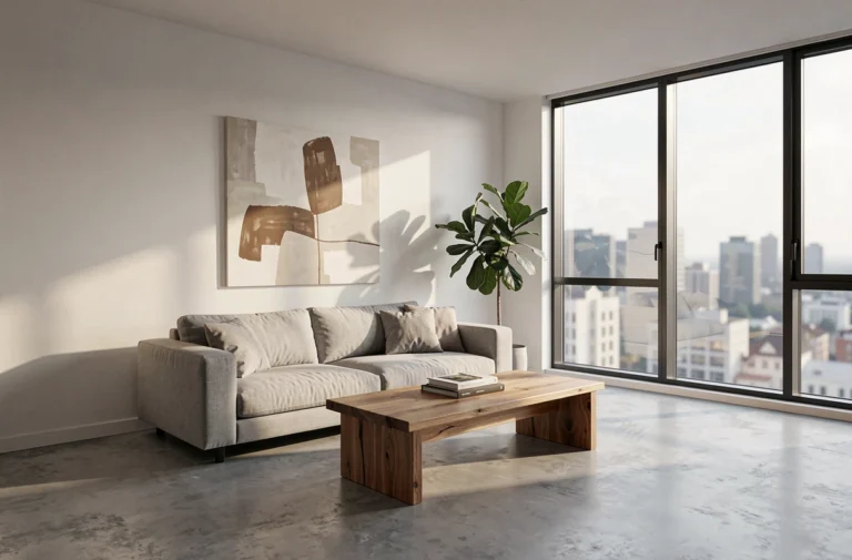 Salon moderne minimaliste avec canapé en lin gris, table basse en chêne brut et plante verte dans un appartement aux sols en béton poli