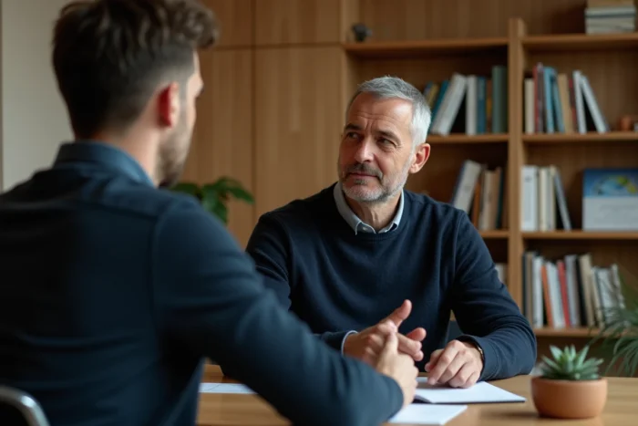 Séance de thérapie ACT entre un psychologue et son patient dans un cabinet de psychologie chaleureux, montrant l'alliance thérapeutique