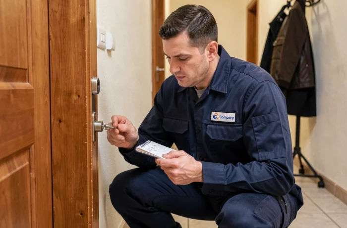 Serrurier professionnel examinant une serrure de porte d'appartement et prenant des notes pour estimer le prix de l'intervention