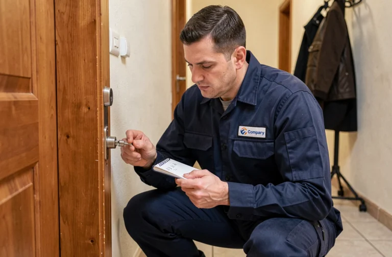 Serrurier professionnel examinant une serrure de porte d'appartement et prenant des notes pour estimer le prix de l'intervention