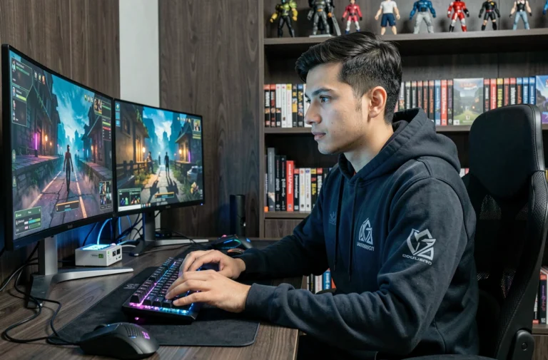 Jeune gamer concentré devant un setup gaming multi-écrans avec clavier mécanique et souris haute performance dans un bureau moderne sombre