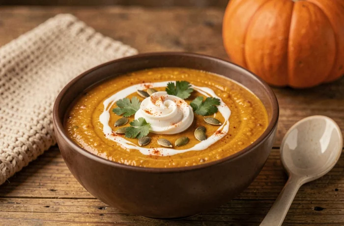Meal soup of squash with red lentils and coconut milk topped with toasted pumpkin seeds