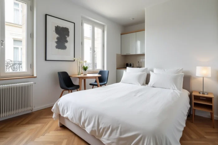 Studio meublé en location LMNP avec parquet et literie blanche, illustrant un bien soumis à l'amortissement fiscal