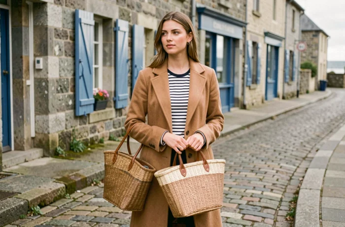 Femme portant une marinière bretonne classique et un panier en osier tressé dans une rue pavée d'un village côtier de Bretagne