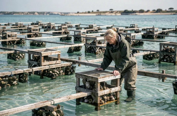 Tables ostréicoles dans le lagon de Sète avec une ostréicultrice inspectant des poches d'huîtres dans l'eau peu profonde