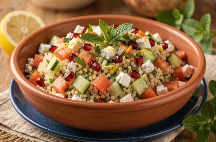 Bulgur tabbouleh with fresh herbs, pomegranate seeds, and crumbled feta