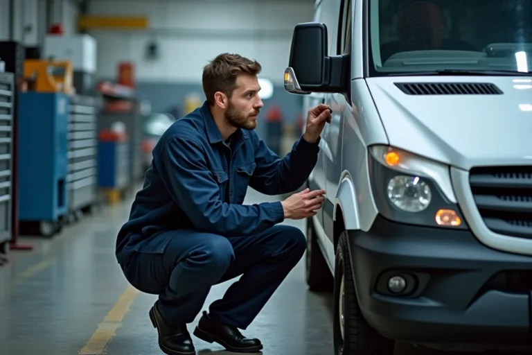 Technicien automobile inspectant le voyant orange allumé sur le tableau de bord d'un Mercedes Vito dans un garage professionnel