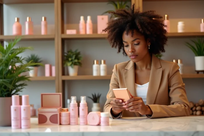 Femme découvrant des produits cosmétiques dans une boutique beauté moderne aux étagères bien garnies