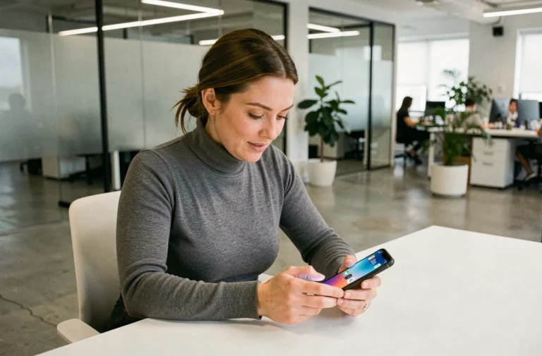 Femme utilisant un smartphone pliable dernière génération dans un bureau moderne high-tech en 2024