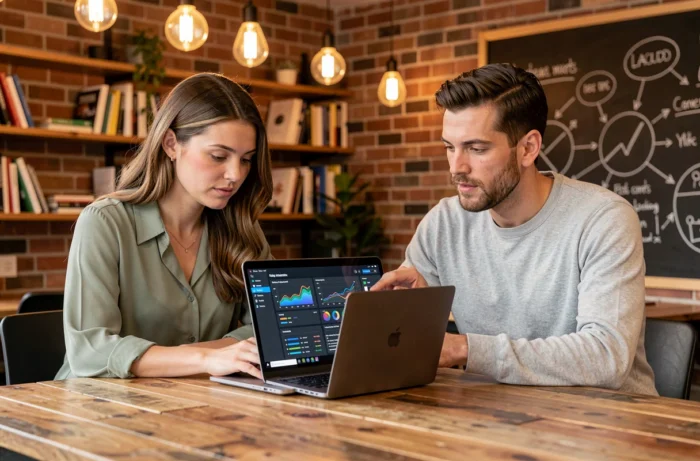 Deux collègues collaborant autour d'un ordinateur portable IA dans un espace de coworking tendance en 2024