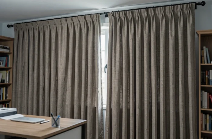 Rideaux en lin épais jusqu'au sol aux fenêtres d'un bureau à domicile, absorbant le son et structurant visuellement l'espace par leur masse textile