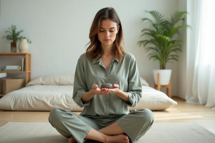 Femme pratiquant la pleine conscience assise sur le sol d'une salle de thérapie minimaliste, illustrant la thérapie ACT en psychologie