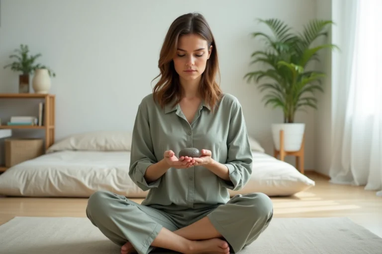 Femme pratiquant la pleine conscience assise sur le sol d'une salle de thérapie minimaliste, illustrant la thérapie ACT en psychologie
