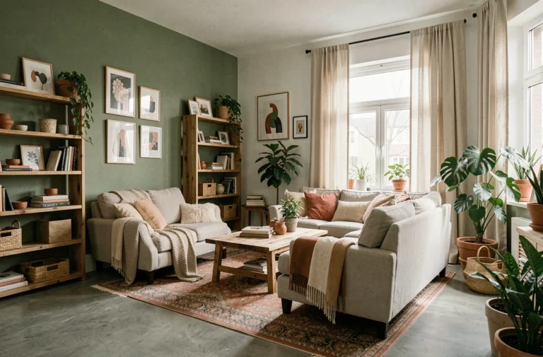 Vue d'ensemble d'un appartement ouvert transformé avec des idées décoratives innovantes : murs peints, plantes, textiles et objets personnalisés