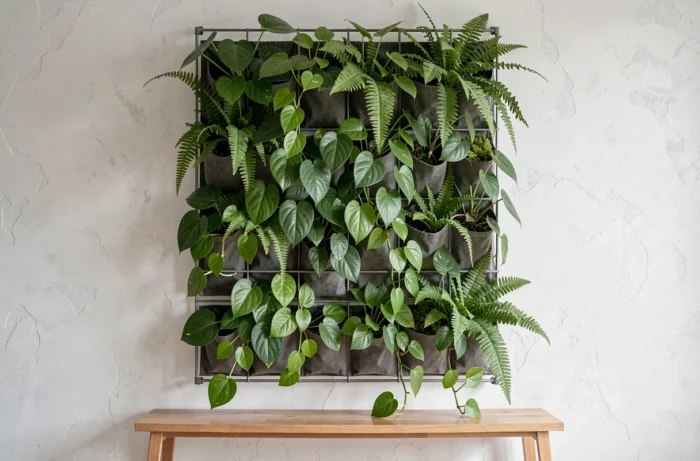 Mur végétalisé vertical en intérieur avec des plantes tropicales en poches modulaires, apportant une texture organique luxuriante à l'appartement