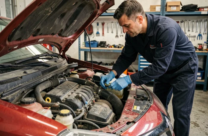 Mécanicien vérifiant le liquide de refroidissement d'une Renault Clio 3 dans un garage automobile