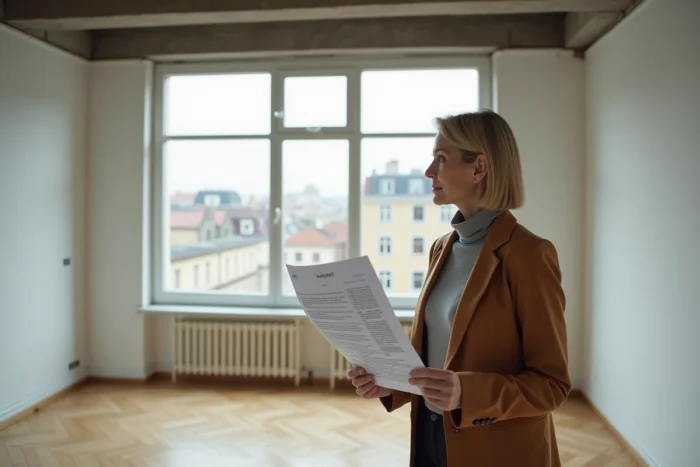 Femme visitant un appartement à vendre en ville, pesant les avantages et inconvénients de devenir propriétaire
