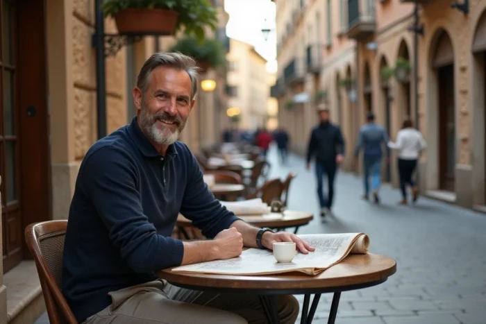 Voyageur consultant une carte papier dans un café de rue pavée en Europe