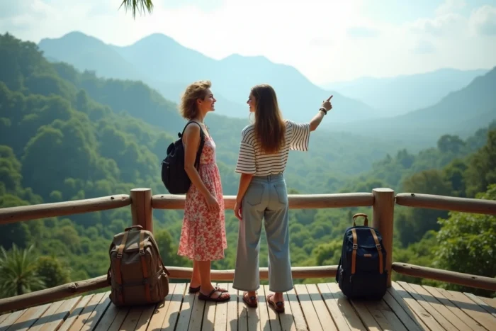 Deux voyageuses sur un belvédère en bois admirant un paysage tropical de montagne