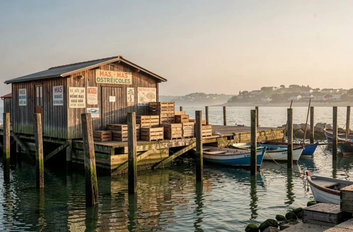 Vue panoramique du bassin de Thau près de Sète avec des mas ostréicoles traditionnels et des bateaux amarrés au bord de l'eau