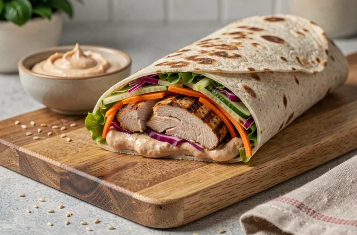 Whole wheat wrap with grilled chicken, fresh vegetables, and hummus cut diagonally